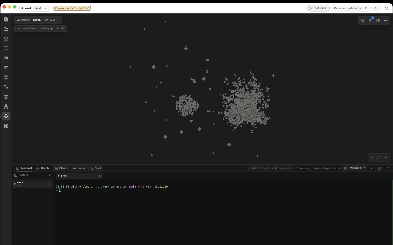 Maru showing a workspace knowledge graph above an integrated terminal